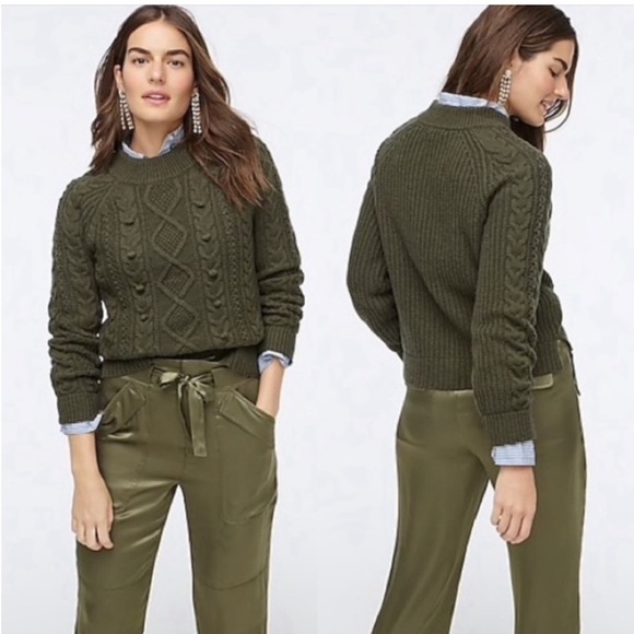 J. Crew Sweaters - J. Crew Ezra Cable Knit Pom-Pom Crewneck Sweater Boho Grandpa Army Green XS
